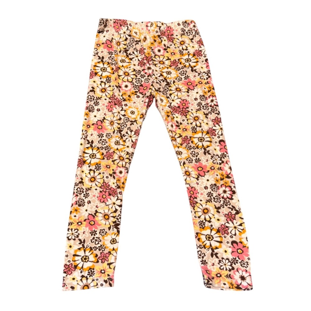 btween Girls Floral Leggings Pink Yellow Brown Retro Flower Print Size 5